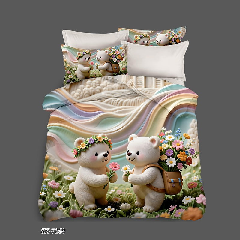 3D Digital Printed Bed Sheet Set with Cute Bears and Colorful Flowers