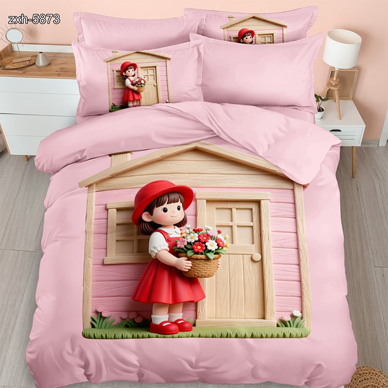 5D Digital Printed Bed Sheet Set with a Cute Girl Holding Flowers in Front of a Pink Wooden House