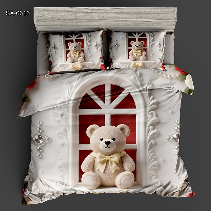 5D Digital Printed Bed Sheet Set with a Cute Teddy Bear by an Ornate Window