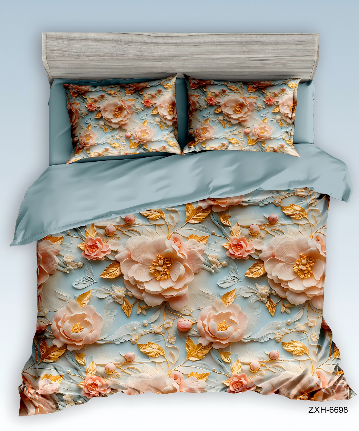 5D Digital Print Bedding Set-Pastel Blooms & Gold Accents‌