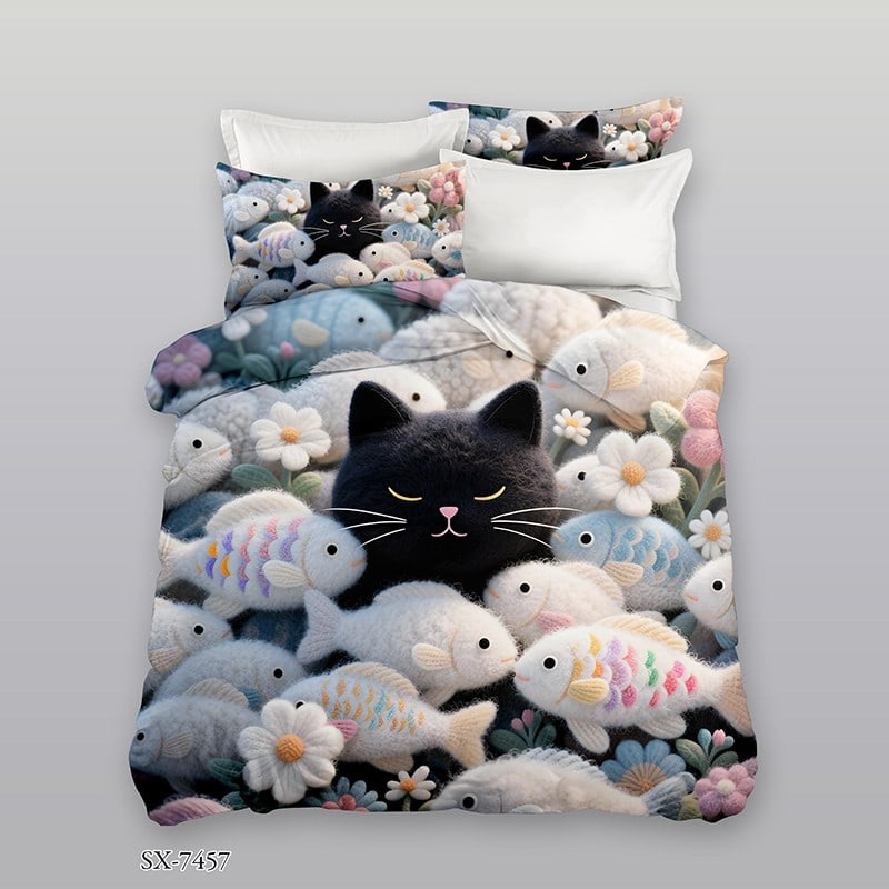 7D Digital Printed Bed Sheet Set with a Black Cat Surrounded by Plush Fish and Flowers