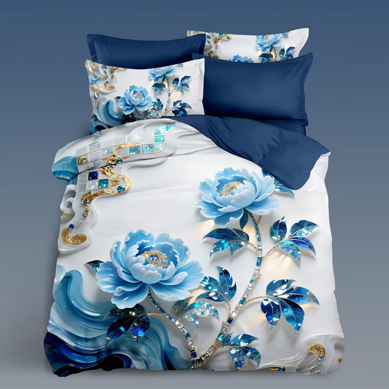 5D Floral Digital Print Bedding Set - ‌Blue Peony