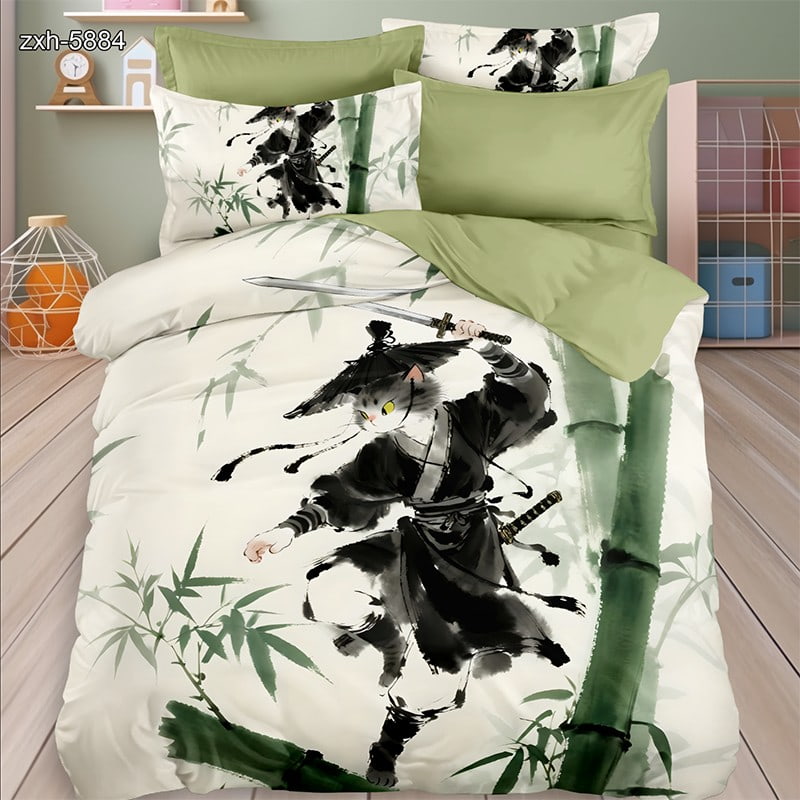 5D Digital Printed Bed Sheet Set with a Samurai Cat in Bamboo Forest