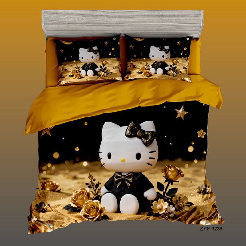 7D Digital Printed Bed Sheet Set with Cute Kitty and Golden Floral Night Theme