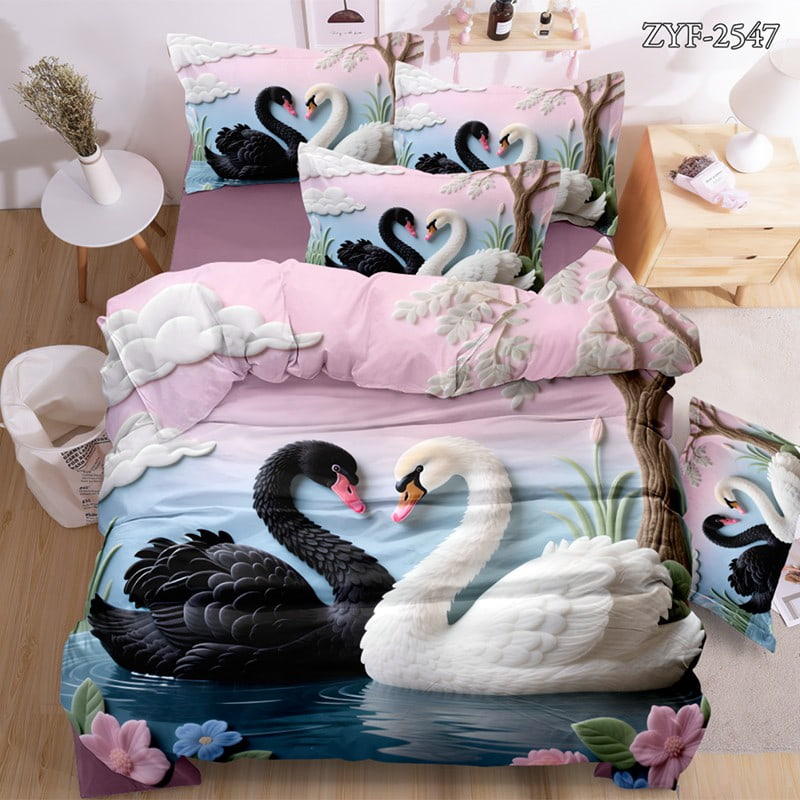 7D Digital Printed Bed Sheet Set with Romantic Swan Lake Theme
