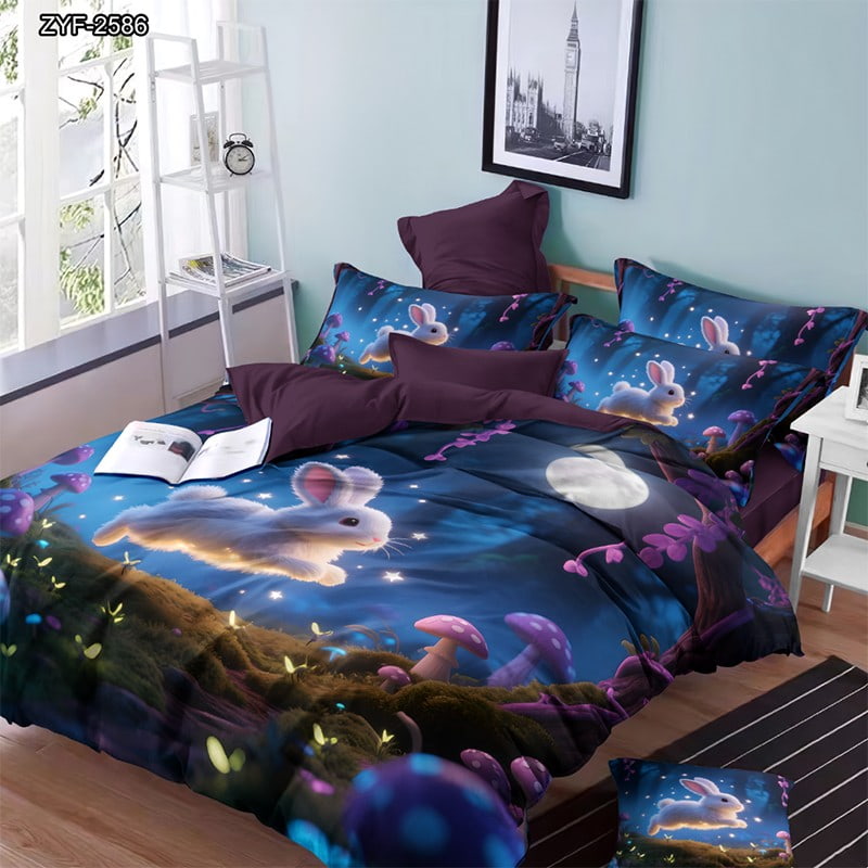 7D Digital Printed Bed Sheet Set With Magical Night Forest Theme Featuring Glowing Rabbits