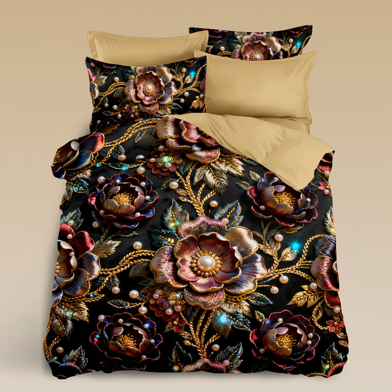5D Floral Digital Print Bedding Set - ‌Golden Pearl Blossom