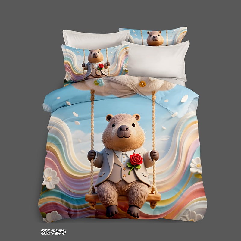 7D Digital Printed Bed Sheet Set with a Charming Bear on a Swing and Rainbow Waves