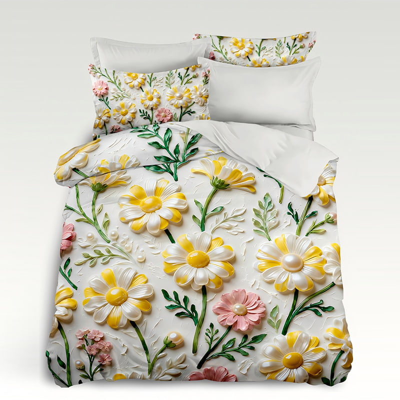 5D Floral Digital Print Bedding Set -Elegant Floral Daisy & Pink Blossom Design