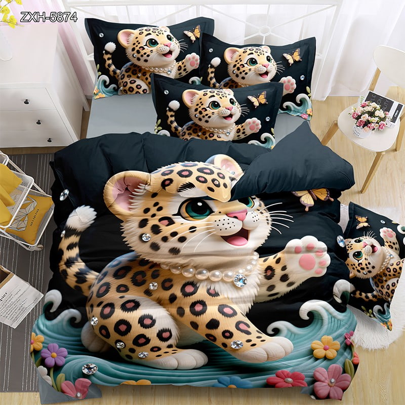 7D Digital Printed Bed Sheet Set with a Playful Leopard Cub and Butterflies