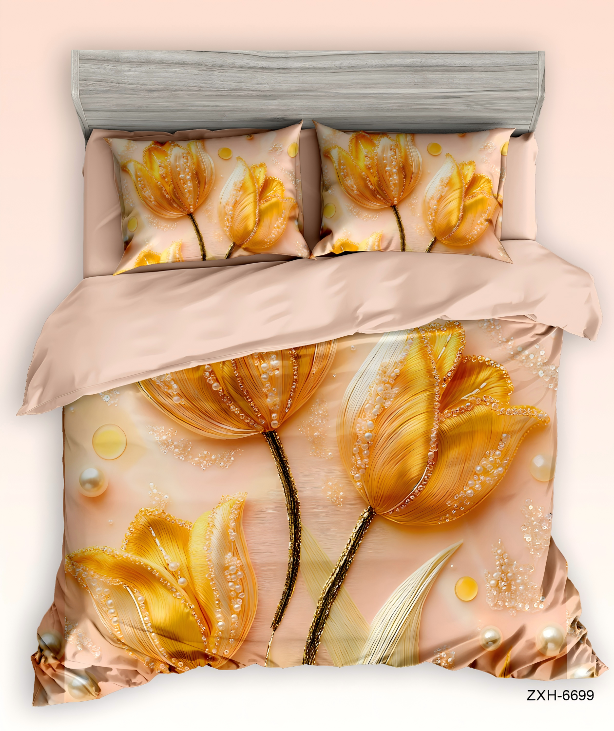 5D Digital Print Bedding Set-Golden Tulips & Pearl Accents‌