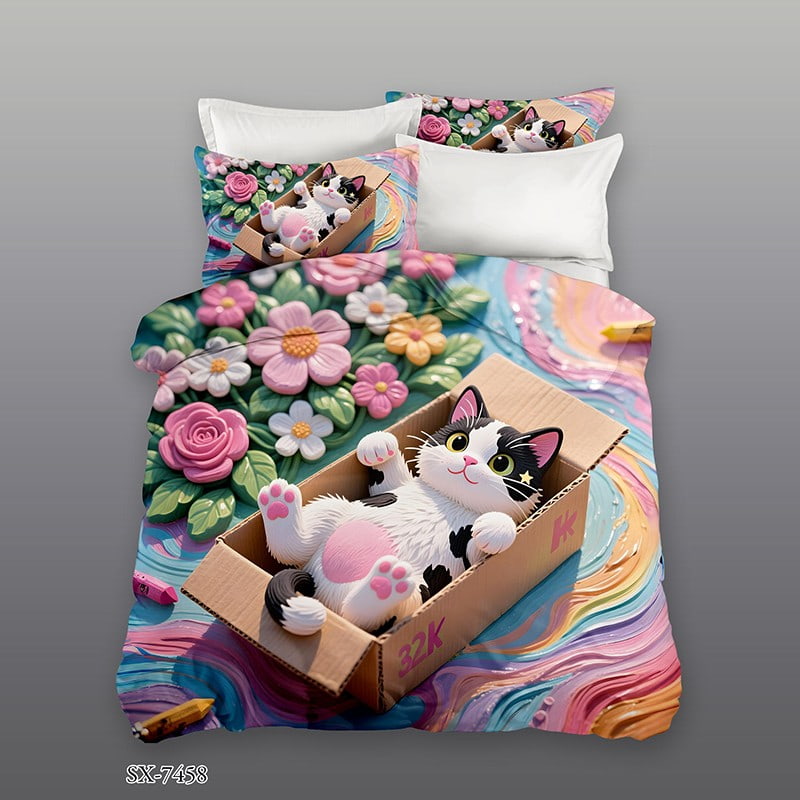 3D Digital Printed Bed Sheet Set with a Playful Cat in a Cardboard Box and Colorful Flowers