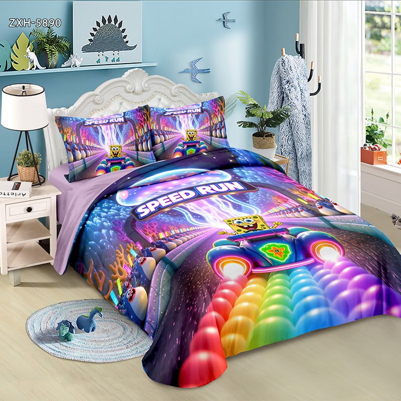 5D Digital Printed Bed Sheet Set with a Colorful Cartoon Racing Adventure