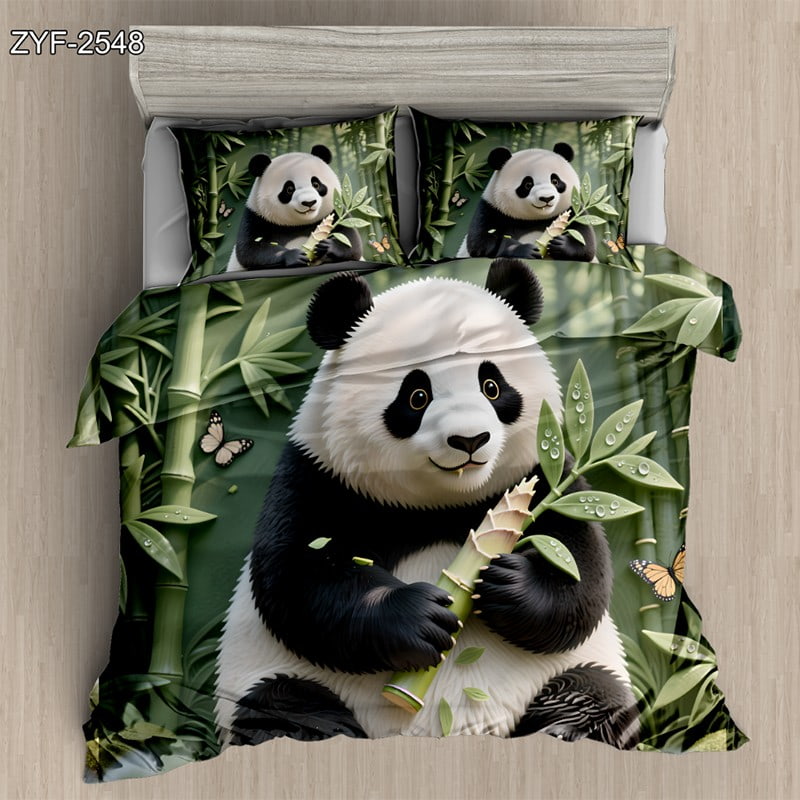 7D Digital Printed Bed Sheet Set with Cute Panda and Bamboo Forest Theme