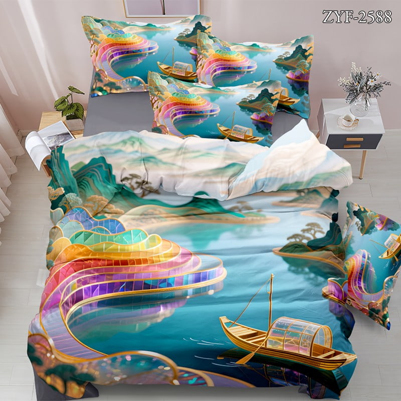 7D Digital Printed Bed Sheet Set With Vibrant Fantasy River Landscape Theme