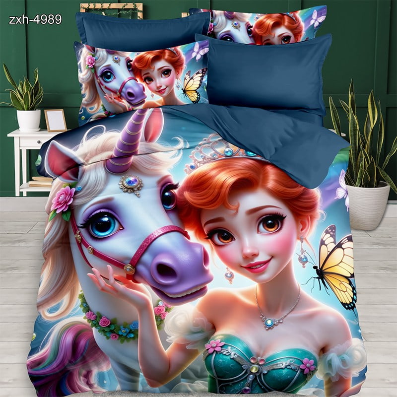 7D Digital Printed Bed Sheet Set With Enchanted Princess And Unicorn Theme