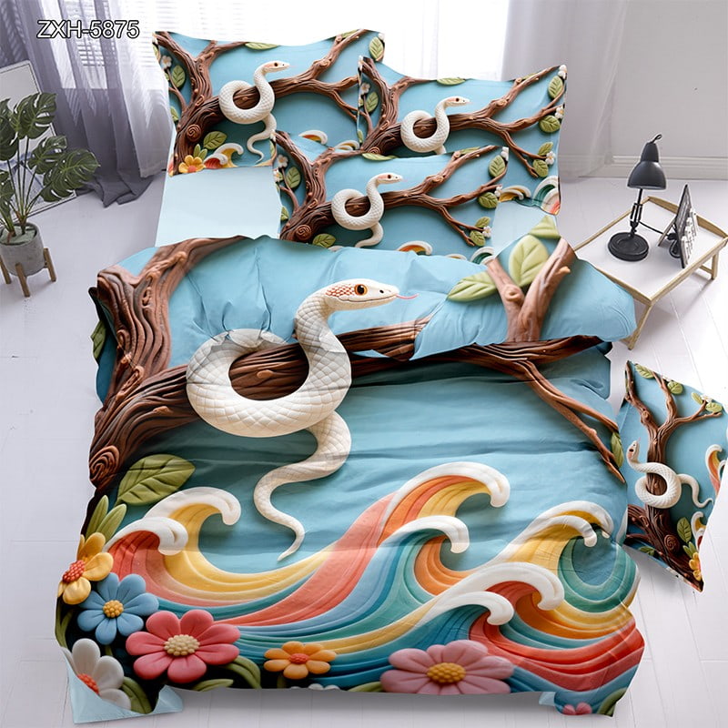 7D Digital Printed Bed Sheet Set with a White Snake on Tree Branches and Colorful Waves