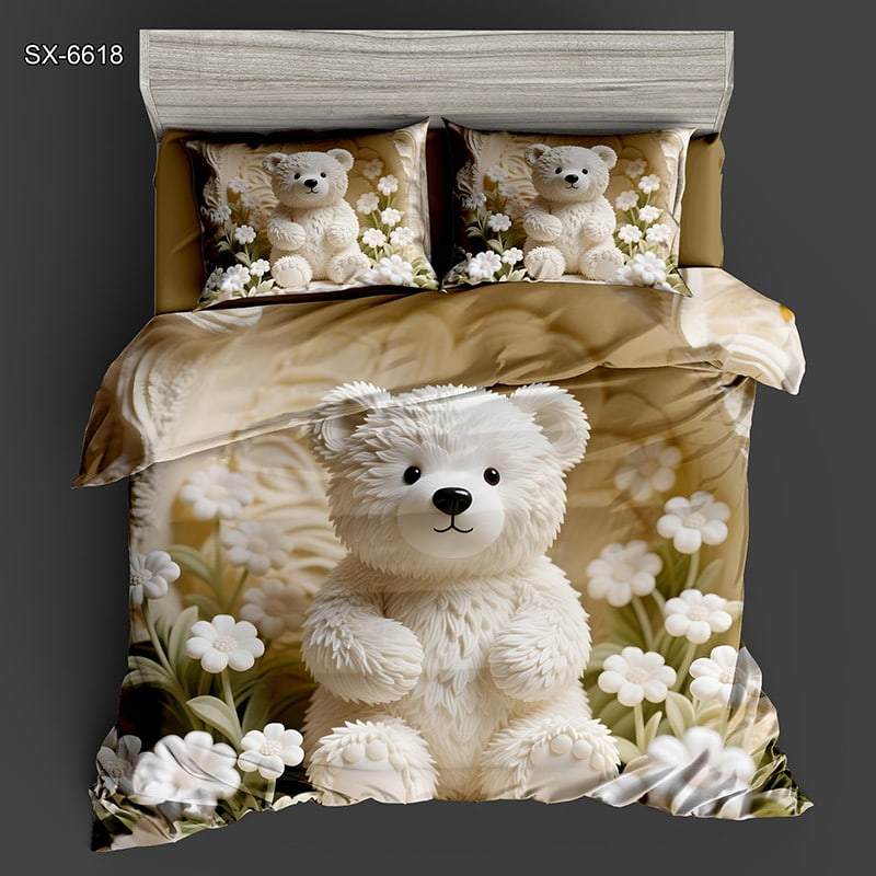 5D Digital Printed Bed Sheet Set with a Cute White Teddy Bear and White Flowers