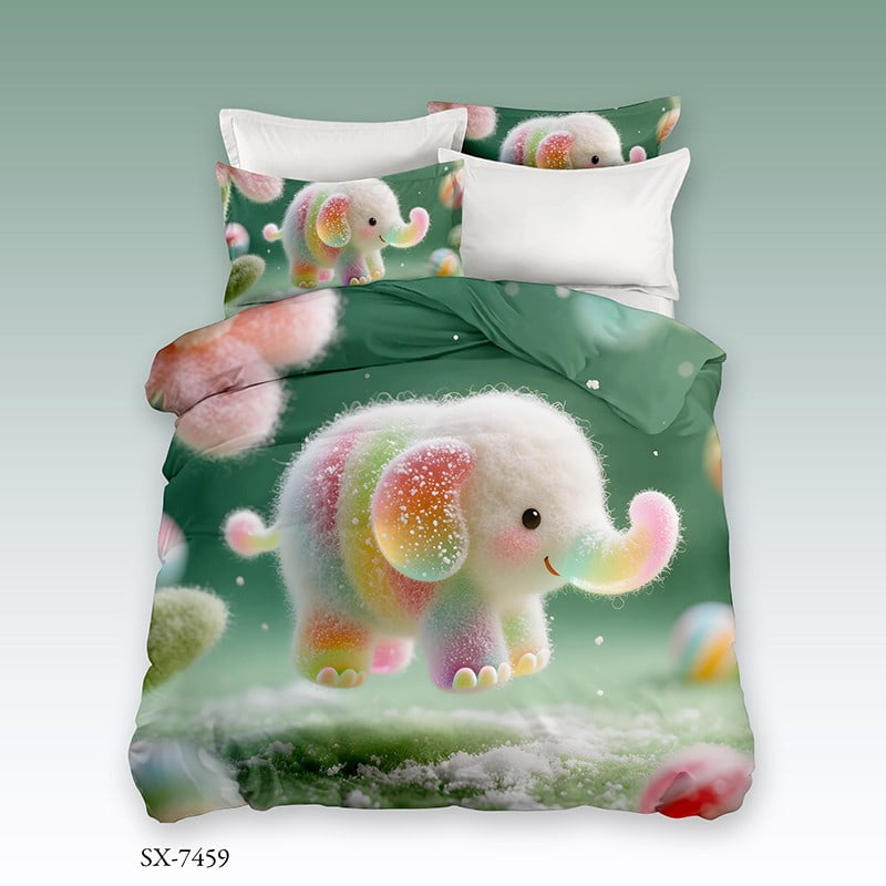 3D Digital Printed Bed Sheet Set with a Cute Fluffy Rainbow Elephant