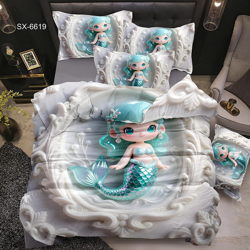 7D Digital Printed Bed Sheet Set with a Cute Blue-Haired Mermaid in an Ornate Pearl Frame