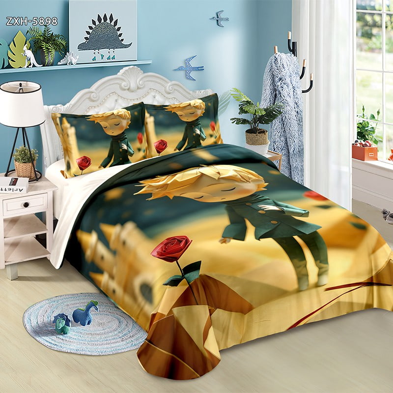 5D Digital Printed Bed Sheet Set with a Little Prince and Red Rose Theme