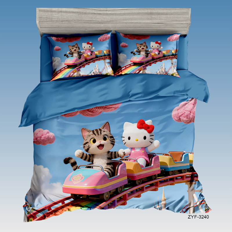 7D Digital Printed Bed Sheet Set with Cute Cartoon Characters On Rainbow Roller Coaster