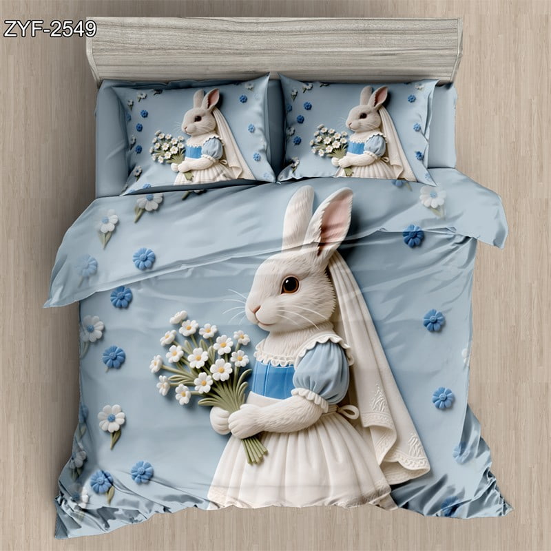 3D Digital Printed Bed Sheet Set with Elegant Bunny Bride and Floral Theme