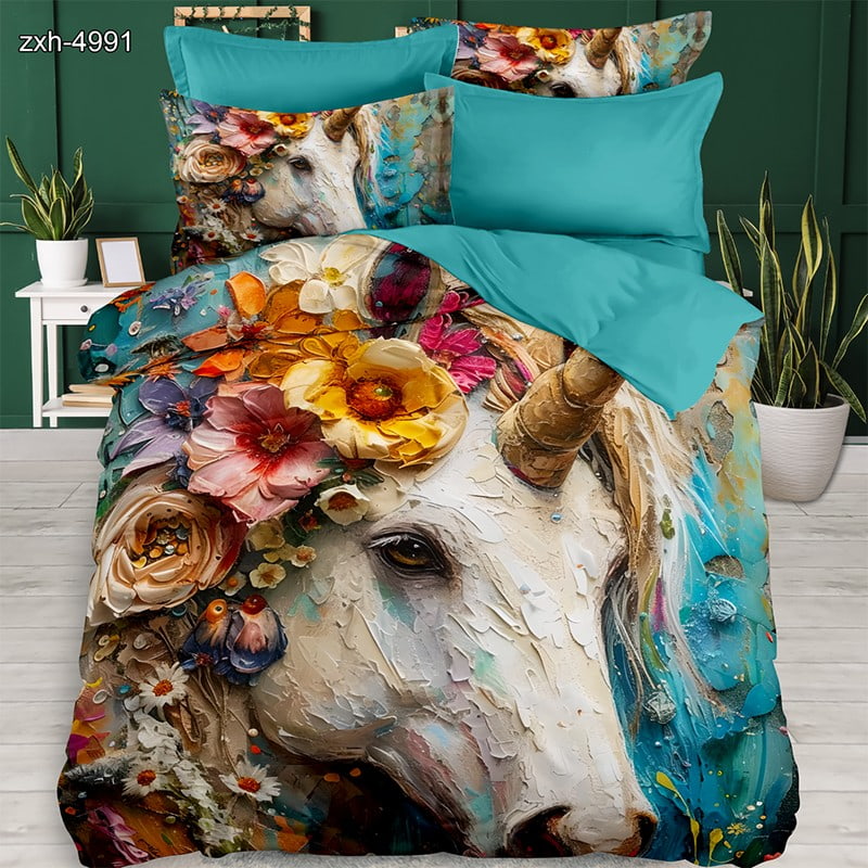7D Digital Printed Bed Sheet Set With Floral Unicorn Art Theme