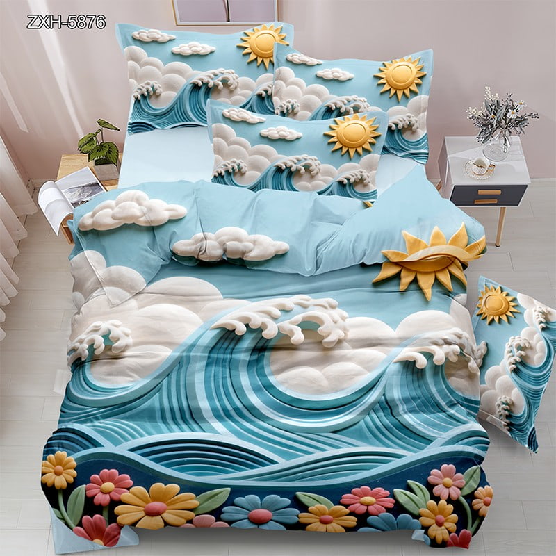 5D Digital Printed Bed Sheet Set with Ocean Waves, Sunny Sky and Colorful Flowers