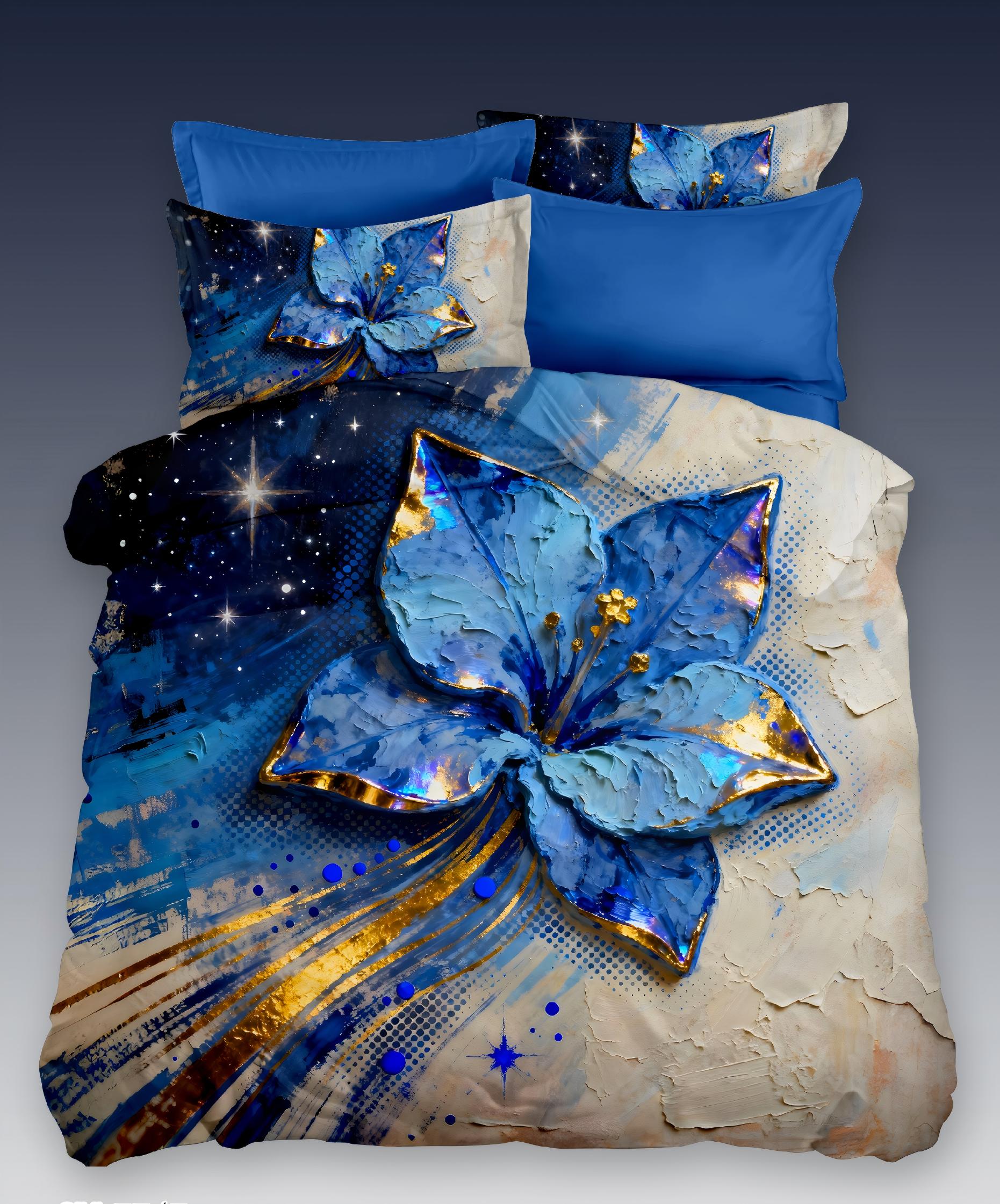 5D Oil Painting Style Digital Print Bedding Set-Blue Flower & Starry Sky‌