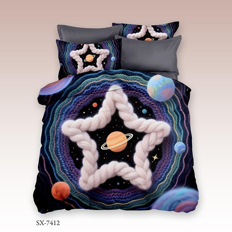 5D Digital Printed Bed Sheet Set with a Cosmic Star and Planetary Knitted Design