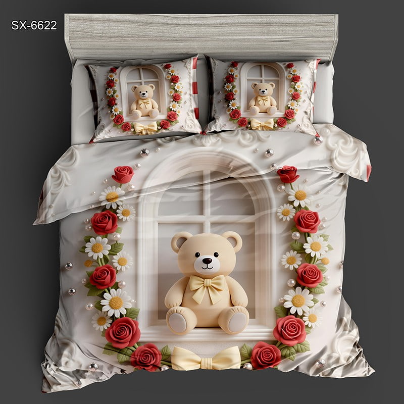 5D Digital Printed Bed Sheet Set with a Cute Teddy Bear and Floral Wreath