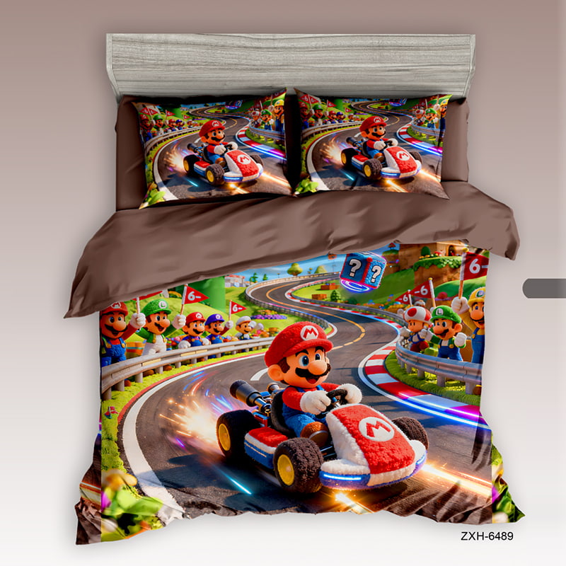7D Digital Printed Bed Sheet Set with Mario Kart Racing Theme