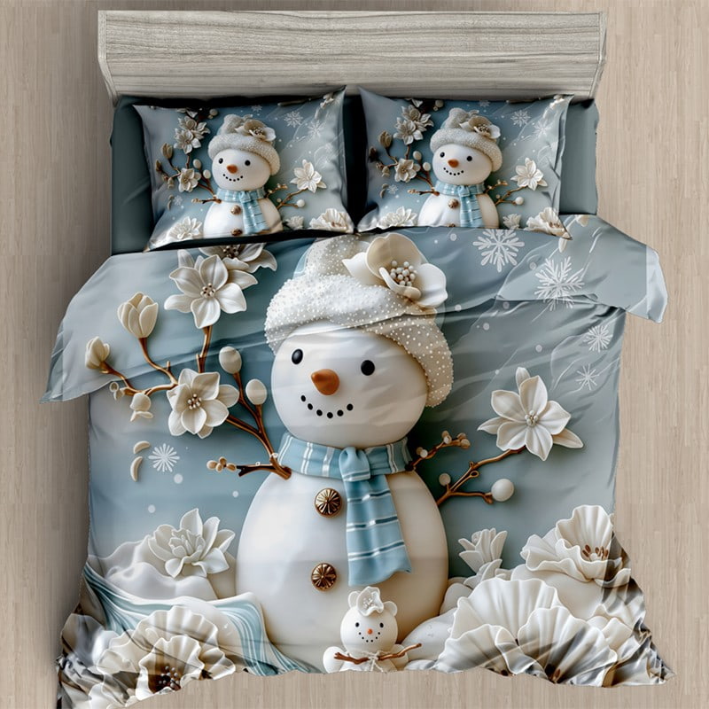 7D Digital Printed Bed Sheet Set with Winter Snowman and Floral Theme