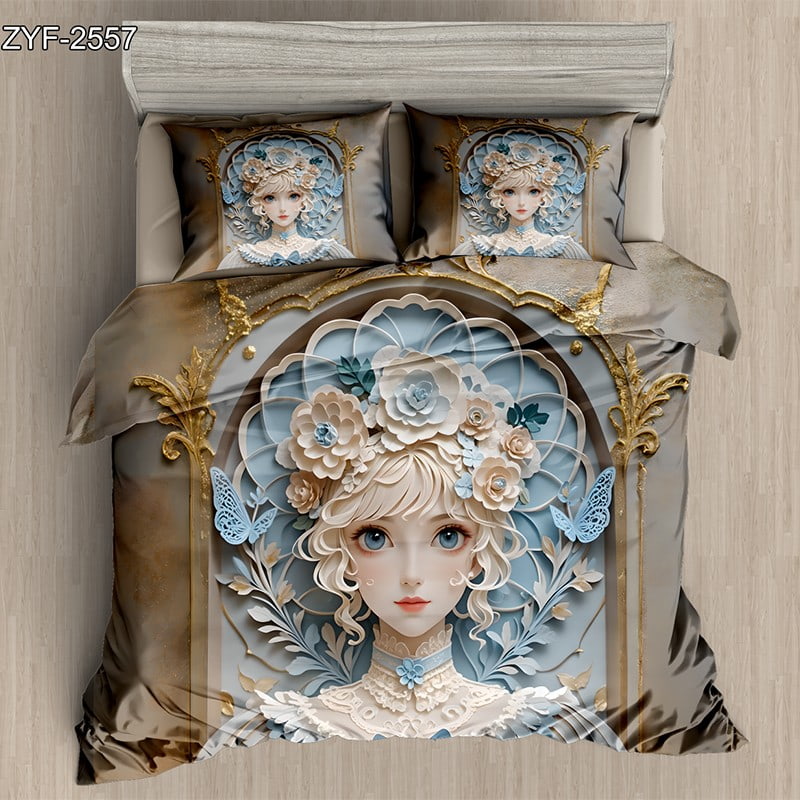 7D Digital Printed Bed Sheet Set With Elegant Victorian Floral Portrait Theme