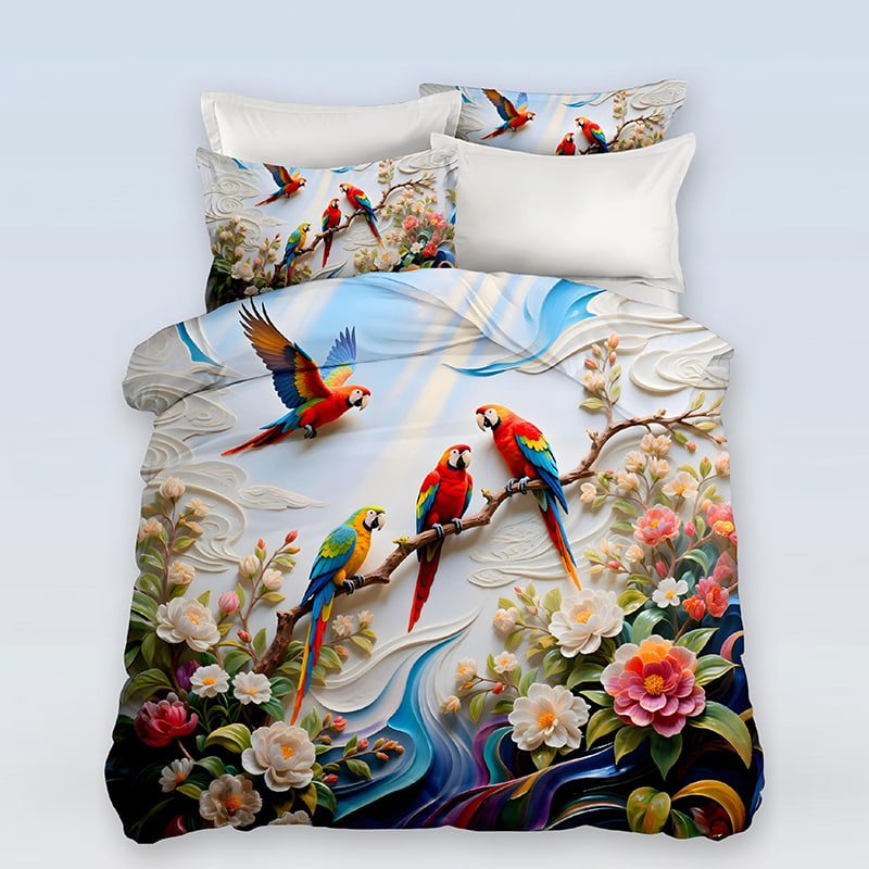 5D Floral Digital Print Bedding Set - ‌Tropical Parrot Paradise