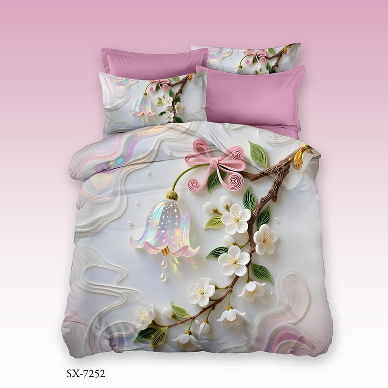 5D Digital Printed Bed Sheet Set with Elegant Cherry Blossom and Iridescent Bell Flower