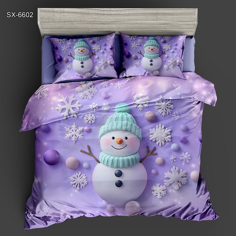 5D Digital Printed Bed Sheet Set with a Cheerful Snowman and Snowflakes