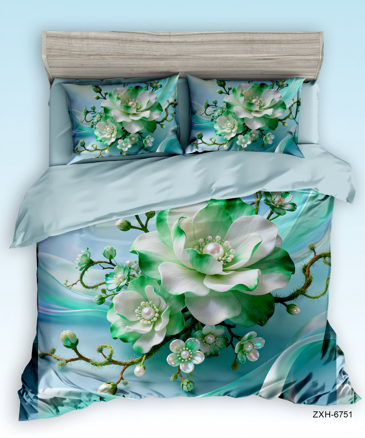 5D Digital Print Bedding Set-Mint & White Floral