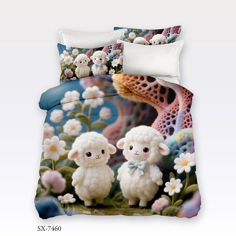 3D Digital Printed Bed Sheet Set with Cute Cartoon Sheep in a Floral Fantasy Garden