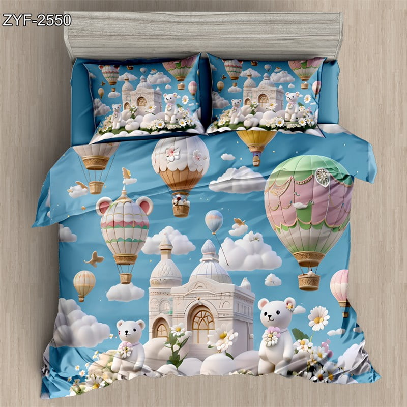 7D Digital Printed Bed Sheet Set with Whimsical Hot Air Balloons and Teddy Bears Theme