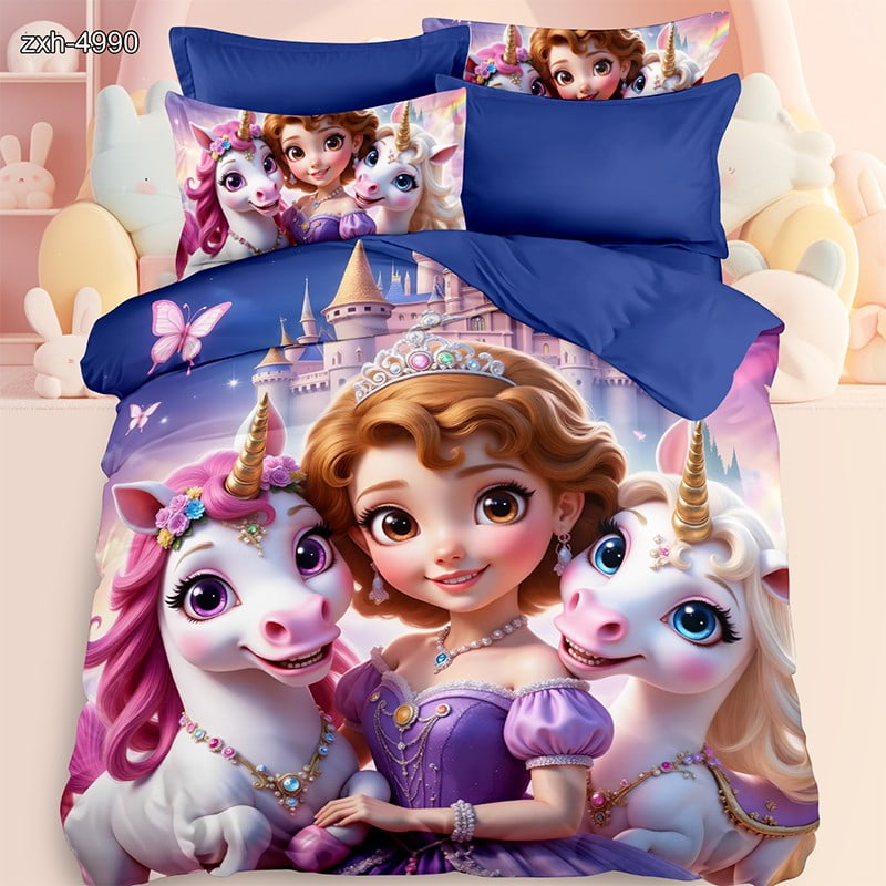7D Digital Printed Bed Sheet Set With Magical Princess And Unicorn Fantasy Theme