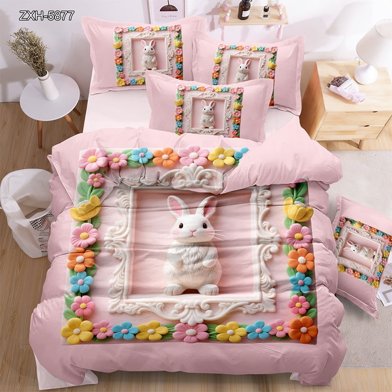 5D Digital Printed Bed Sheet Set with a Cute White Bunny Framed by Colorful Flowers