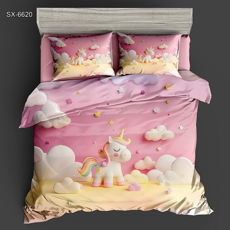 5D Digital Printed Bed Sheet Set with a Cute Unicorn in a Fantasy Cloudscape