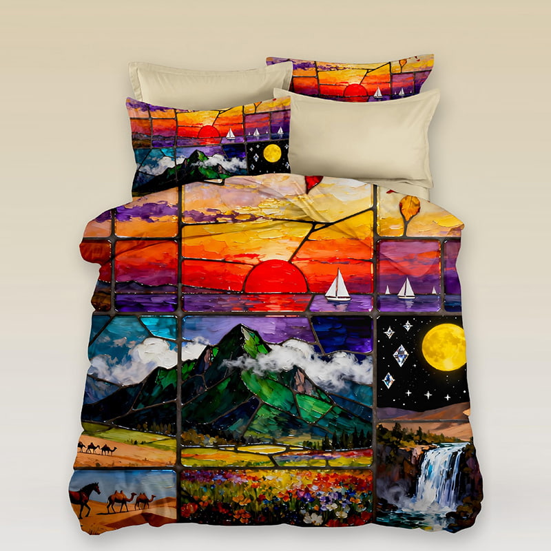 5D Oil Painting Style Digital Print Bedding Set - ‌Sunset Symphony
