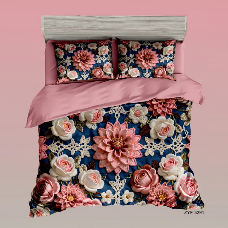 5D Floral Digital Print Bedding Set -Floral Lotus & Rose with Crochet Lace