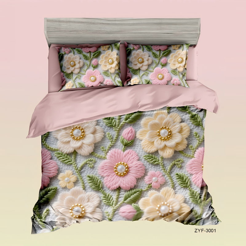 5D Floral Digital Print Bedding Set - ‌Pearl Blossom Elegance