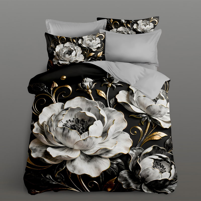 5D Floral Digital Print Bedding Set - ‌Black & Gold Peony Elegance