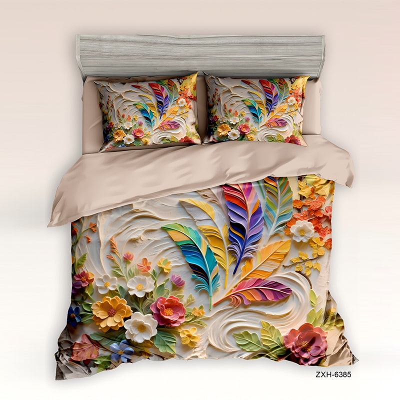 5D Floral Digital Print Bedding Set - ‌Vibrant Floral & Feather
