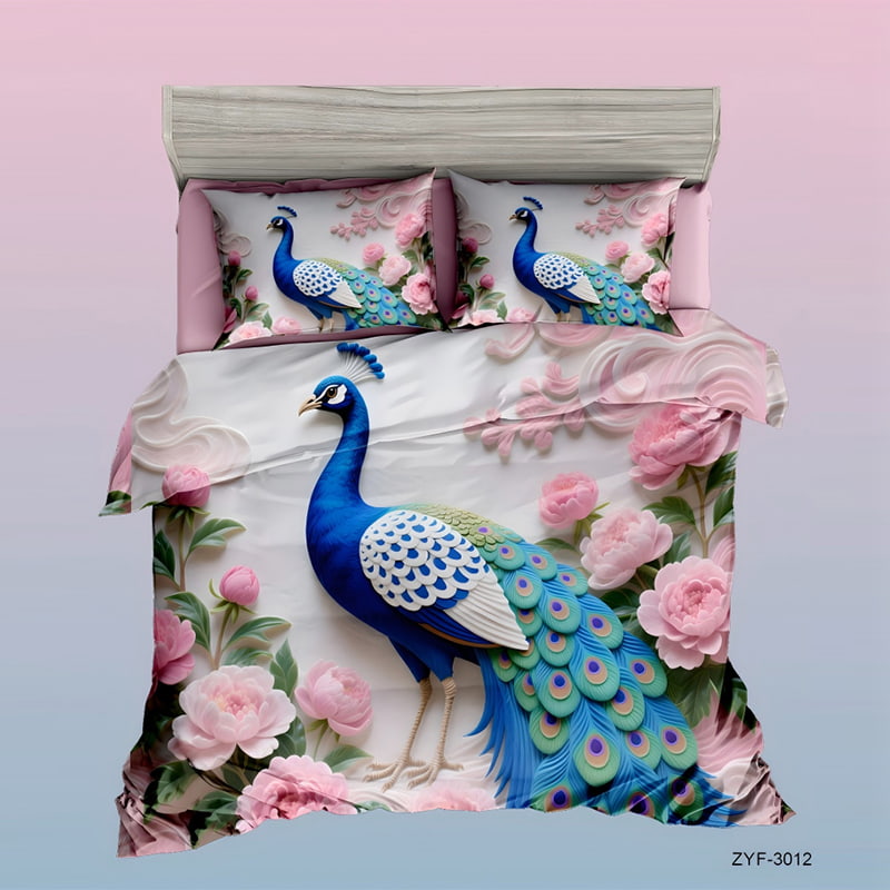 5D Floral Digital Print Bedding Set - ‌Peacock & Pink Peony